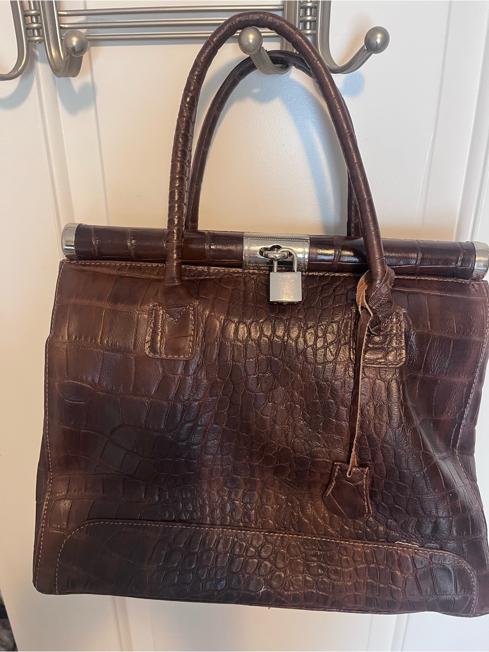 Brown Croc Embossed Leather Satchel Handbag